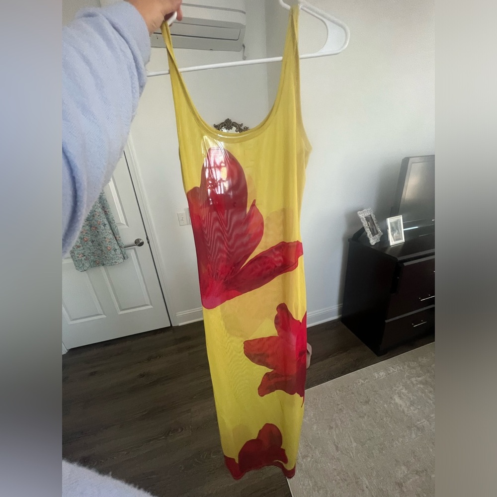 Yellow and red floral maxi mesh dress size M can also be worn as a cover up